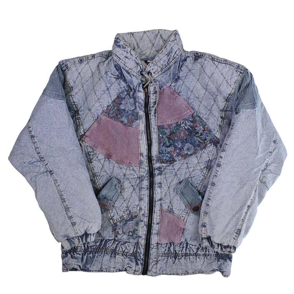 VINTAGE New York Girl Eclectic Patchwork Jacket Small Denim Quilted Bomber 90s